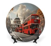 KMRHOUTIQ 8inch Bone China Decorative Plates for Wall Hanging with Display Stand Chinese Porcelain Red Bus Dessert Plate Display Dish Collections Ceramic Ornament Art Craft Home Office Decor