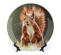 KMRHOUTIQ 8inch Bone China Decorative Plates for Wall Hanging with Display Stand Chinese Porcelain Red Squirrel Dessert Plate Display Dish Collections Ceramic Ornament Art Craft Home Office Decor