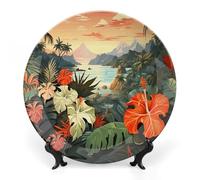 KMRHOUTIQ 8inch Bone China Decorative Plates for Wall Hanging with Display Stand Chinese Porcelain Summer Hawaiian Dessert Plate Display Dish Collections Ceramic Ornament Art Craft Home Office Decor