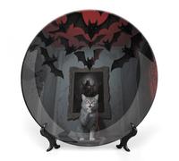 KMRHOUTIQ 8inch Bone China Decorative Plates for Wall Hanging with Display Stand Chinese Porcelain Skull Theme Cat Dessert Plate Display Dish Collections Ceramic Ornament Art Craft Home Office Decor