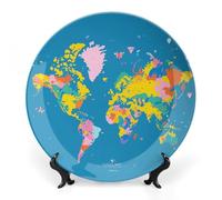 KMRHOUTIQ 8inch Bone China Decorative Plates for Wall Hanging with Display Stand Chinese Porcelain World Map Dessert Plate Display Dish Collections Ceramic Ornament Art Craft Home Office Decor