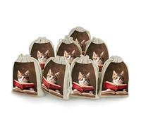 KMRHOUTIQ 8PCS Spice Bags for Cooking, Kitten Reading A Book Muslin Bags Reusable, Small Burlap Bags with Drawstring, Herb Bag Empty, Cloth Gift Bag Pouch, For Wedding & Party Favors (5x7 Inch)