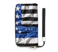 KMRHOUTIQ American Thin Blue Line Flag Wristlet Wallets for Women Leather Clutch Purses with Strap Coin Purse Rfid Credit Card Holder Long Slim Handbags