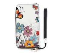 KMRHOUTIQ Cartoon Butterfly Flowers Wristlet Wallets for Women Leather Clutch Purses with Strap Coin Purse Rfid Credit Card Holder Long Slim Handbags