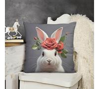 KMRHOUTIQ Decorative Throw Pillow Cover 18x18 Bunny with Rose Outdoor Pillow Covers Plush Cushion Cover for Sofa Bed Couch Living Room Boho Farmhouse Pillows Protector with Hidden Zipper