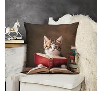 KMRHOUTIQ Decorative Throw Pillow Cover 18x18 Kitten Reading A Book Outdoor Pillow Covers Plush Cushion Cover for Sofa Bed Couch Living Room Boho Farmhouse Pillows Protector with Hidden Zipper