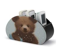 KMRHOUTIQ Happy Bear Remote Control Holder with 5 Slots | PU Leather Desktop Organizer for TV Remotes Makeup Brushes Pens | Bed Caddy Box Fits Nightstand Office Desk Living Room Bedroom