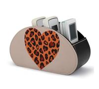 KMRHOUTIQ Heart Leopard Remote Control Holder with 5 Slots | PU Leather Desktop Organizer for TV Remotes Makeup Brushes Pens | Bed Caddy Box Fits Nightstand Office Desk Living Room Bedroom