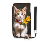 KMRHOUTIQ Kitten Hugging A Flower Wristlet Wallets for Women Leather Clutch Purses with Strap Coin Purse Rfid Credit Card Holder Long Slim Handbags