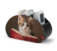 KMRHOUTIQ Kitten Reading A Book Remote Control Holder with 5 Slots | PU Leather Desktop Organizer for TV Remotes Makeup Brushes Pens | Bed Caddy Box Fits Nightstand Office Desk Living Room Bedroom