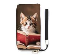 KMRHOUTIQ Kitten Reading A Book Wristlet Wallets for Women Leather Clutch Purses with Strap Coin Purse Rfid Credit Card Holder Long Slim Handbags