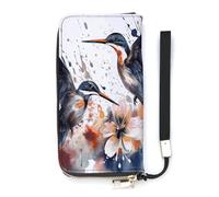 KMRHOUTIQ Lily Flowers Birds Wristlet Wallets for Women Leather Clutch Purses with Strap Coin Purse Rfid Credit Card Holder Long Slim Handbags