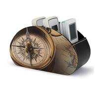 KMRHOUTIQ Old Compass Remote Control Holder with 5 Slots | PU Leather Desktop Organizer for TV Remotes Makeup Brushes Pens | Bed Caddy Box Fits Nightstand Office Desk Living Room Bedroom