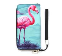 KMRHOUTIQ Pink Flamingos Wristlet Wallets for Women Leather Clutch Purses with Strap Coin Purse Rfid Credit Card Holder Long Slim Handbags