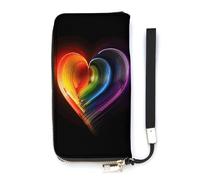 KMRHOUTIQ Rainbow Striped Heart Wristlet Wallets for Women Leather Clutch Purses with Strap Coin Purse Rfid Credit Card Holder Long Slim Handbags