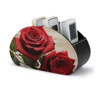 KMRHOUTIQ Red Rose Flowers Remote Control Holder with 5 Slots | PU Leather Desktop Organizer for TV Remotes Makeup Brushes Pens | Bed Caddy Box Fits Nightstand Office Desk Living Room Bedroom