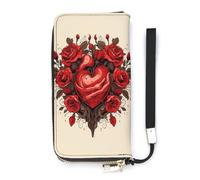 KMRHOUTIQ Rose Heart Shape Wristlet Wallets for Women Leather Clutch Purses with Strap Coin Purse Rfid Credit Card Holder Long Slim Handbags