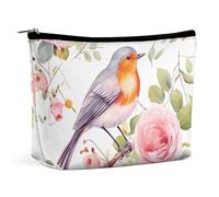 KMRHOUTIQ Small Makeup Bag with Zipper Floral Robin Bird Travel Toiletry Bag for Women Leather Cosmetic Bags for Purse Waterproof Portable Zippered Pouch Personalized Mini Make Up Case Organizer