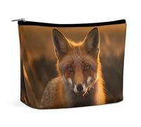 KMRHOUTIQ Small Makeup Bag with Zipper Fox in Field Travel Toiletry Bag for Women Leather Cosmetic Bags for Purse Waterproof Portable Zippered Pouch Personalized Mini Make Up Case Organizer