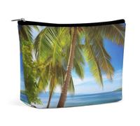 KMRHOUTIQ Small Makeup Bag with Zipper Green Palm Trees Ocean Travel Toiletry Bag for Women Leather Cosmetic Bags for Purse Waterproof Portable Zippered Pouch Personalized Mini Make Up Case Organizer