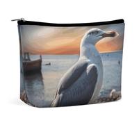 KMRHOUTIQ Small Makeup Bag with Zipper Seagull And Sunset Travel Toiletry Bag for Women Leather Cosmetic Bags for Purse Waterproof Portable Zippered Pouch Personalized Mini Make Up Case Organizer