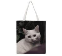 KMRHOUTIQ White Cat Canvas Tote Bag Reusable Grocery Shopping Bag with Handles Casual Carry on Tote Quilted Utility Handbag for Travel Beach Camping Work Gym Picnic Diaper
