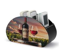 KMRHOUTIQ Wooden Wine Barrel Remote Control Holder with 5 Slots | PU Leather Desktop Organizer for TV Remotes Makeup Brushes Pens | Bed Caddy Box Fits Nightstand Office Desk Living Room Bedroom