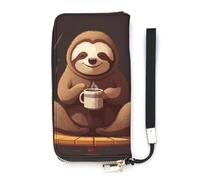 KMRHOUTIQ Yoga Sloth Coffee Wristlet Wallets for Women Leather Clutch Purses with Strap Coin Purse Rfid Credit Card Holder Long Slim Handbags