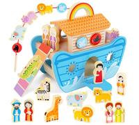 KMTJT Wooden Noahs Ark Toy Animal Playset, Baptism Gifts for 2 3 4 Years Old Boys Girl, Lacing Beads, Shape Sorter, Montessori Noah's Ark Toys with Bible Story Book for 24 Months Kids