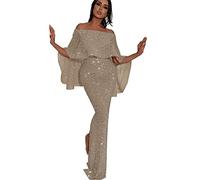 Kmuing Women's Evening Dresses Fashion Word Collar Ruffle Bandeau Maxi Dress Sexy Shiny Package Hip Backless Party Dress Hip Slit Evening Gown White Gold