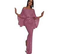 Kmuing Women's Evening Dresses Fashion Word Collar Ruffle Bandeau Maxi Dress Sexy Shiny Package Hip Backless Party Dress Hip Slit Evening Gown Pink