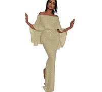 Kmuing Women's Evening Dresses Fashion Word Collar Ruffle Bandeau Maxi Dress Sexy Shiny Package Hip Backless Party Dress Hip Slit Evening Gown Gold