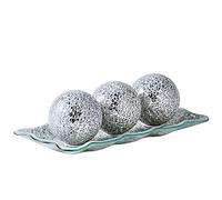 KMWARES 12.4” Mosaic Glass Decorative Tray Dish Plate with 3pcs 3" Decorative Orbs Balls Sphere Decor for Living Room or Dining Table Coffee Table Mantle Decor Centerpiece (Silver)