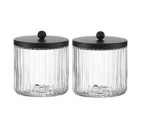 KMwares 2-Pack Glass Qtip Holder Dispenser Set - Bathroom Canister Storage Organizer for Cotton Balls, Swabs, Floss Picks, and Makeup Sponges with Matte Black Metal Lid - Clear Vanity Apothecary Jars