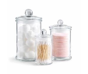 KMWARES 3PCs Set Small Mini Clear Glass Premium Quality Apothecary Jars/Bathroom Storage/Vanity Organizer Canisters for Cotton Balls/Swabs, Makeup Sponges, Bath Salts, Q-Tips (3Jar)