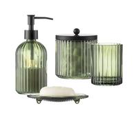 KMwares 4PCs Heavy Weight Decent Glass Bathroom Accessories Set with Decorative Pressed Pattern - Includes Hand Soap Dispenser & Tumbler & Soap Dish & Toothbrush Holder (Oliver Green)