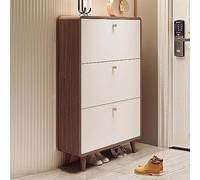 KMXNSJZS Modern Standing Tipping Bucket Shoe Rack With 3 Tier Wood Cabinet Ultra Thin Shoe Storage Solution For Entryway Hallway Living Room And Apartment,Walnut Color 27.5X9.4X47.2In