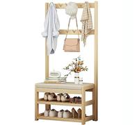 KMXNSJZS Solid Wood Coat Rack And Shoe Bench Combo With 2 Tier Shoe Rack And 10 Hooks Standing Garment Rack For Entryway Hallway Bedroom Living Room Available In 60/70/80Cm Sizes,70X31X172Cm