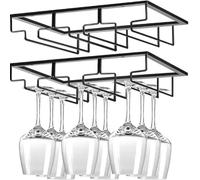 Kmxo 2 Pack Under Cabinet Wine Glass Holder - Black Metal 3-Row, Rack for Kitchen Bar - Stemware Hanger Storage for Goblets, Champagne, Cocktail Glasses, Easy Install Under Shelf Wine Glass
