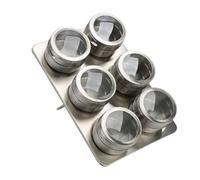 Kmxo 6 Pcs Magnetic Spice Tin Jar Set- Stainless Steel Rack Condiment Box - Clear Lid Spice Containers -Spice Shaker Wall or Fridge Mountable Kitchen Storage Jars for Herbs, Spices, Condiments