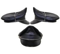 kn Black with Red Strip Genuine Leather Biker Muir Cap with Chain