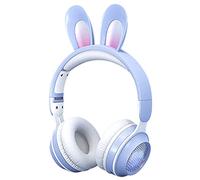 Knadgbft Rabbit Ear Headphones, LED Lights Computer Headphones, Headset Bluetooth 5.0 Headphones, Support TF Card (Blue)