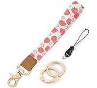 Knagsfa Wristlet Keychain, Cute Wrist Lanyards for Keys Wrist Keychain Strap for Women Wallet, Phone, ID Badges, Pink Strawberry Flower