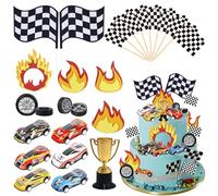 Knana 41Pcs Race Car Cake Topper Race Car Cake Decoration Flag Car Cupcake Topper for Racing Car Theme Birthday Party Supplies