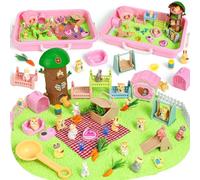 KNASON Rabbit and Hamster Sensory Bin, Sandbox and Play Sand Set for Kids | 900 g Sensory Play Sand, Sandbox with Lid, Rabbit and Hamster Figures, Tree House, Role Pretend Play Toy Gift for Kids