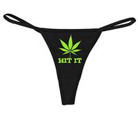 Knaughty Knickers Women's Hit It with Marijuana Pot Weed Leaf Funny Thong, Black/Lime, S