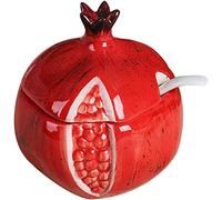 KNBG Ceramics Fruit Shaped Sugar Bowl Salt Pot Pepper Storage Jar with Lid and Spoon Seasoning Box Condiment Pots (Red Pomegranate)