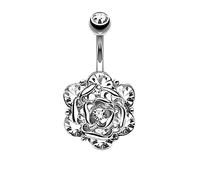 KnBoB 14G Belly Button Rings Surgical Steel Long Bar, Womens Body Piercing Rings Silver Rose Flower with White Cubic Zirconia