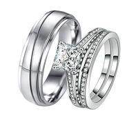 KnBoB 2pcs His Hers Matching Ring Sets Silver Cubic Zirconia Square Shape Ring Women Size L 1/2 & Men Size V 1/2
