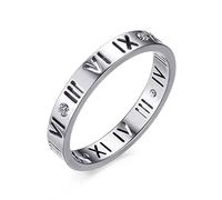 KnBoB Women's Simple Stainless Steel Ring, 3.5 mm, Silver/Gold/Rose Gold, Roman Numerals with White Cubic Zirconia, Wedding Rings, Engagement Rings